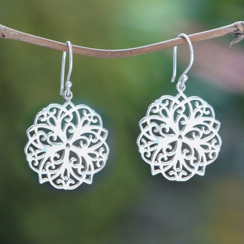Sterling Silver Celtic Flower Dangle Earrings from Bali, "Celtic Flower"