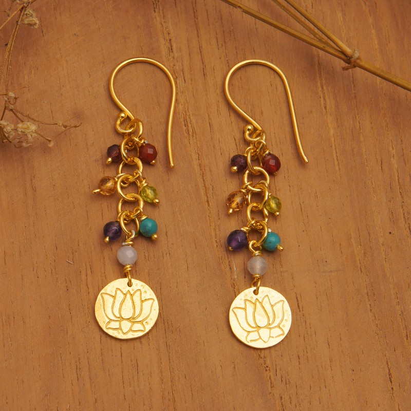18k Gold-Plated Multi-Gemstone Beaded Dangle Earrings, "Chakra of Paradise"