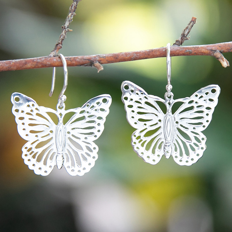 Polished Butterfly-Shaped Sterling Silver Dangle Earrings, "Fairy Butterfly"
