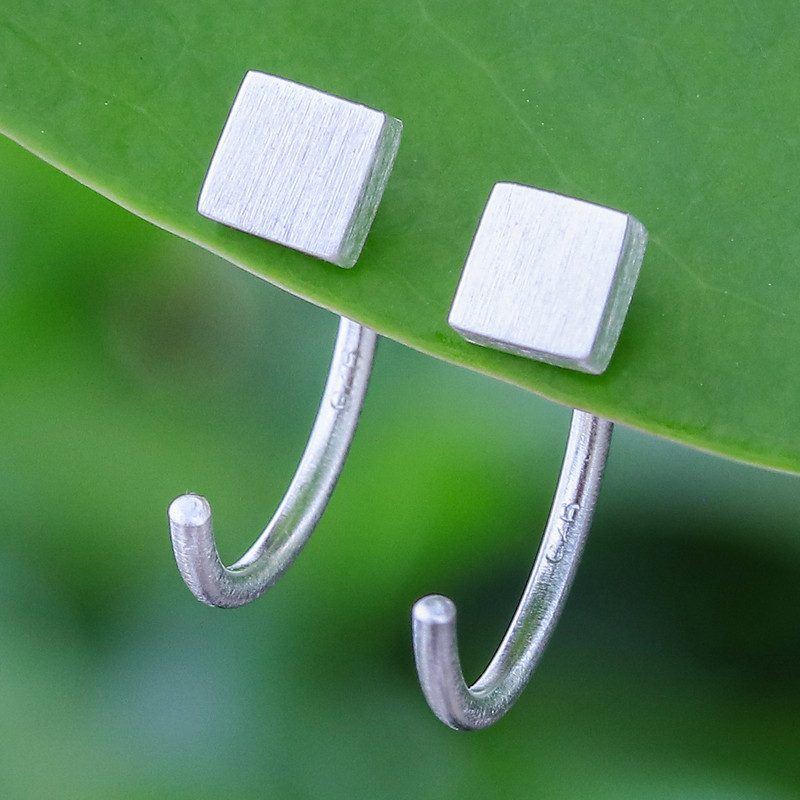 Minimalist Matte Square Sterling Silver Ear Cuff Earrings, "Sole Square"