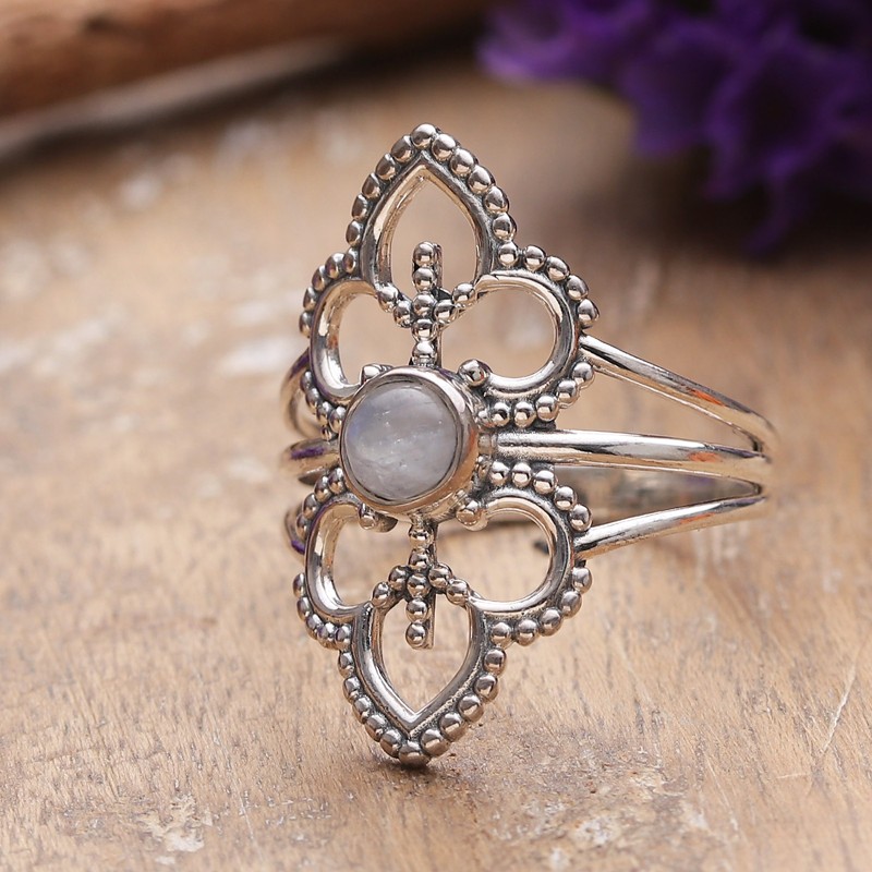 Polished Floral Natural Rainbow Moonstone Cocktail Ring, "Misty Divinity"