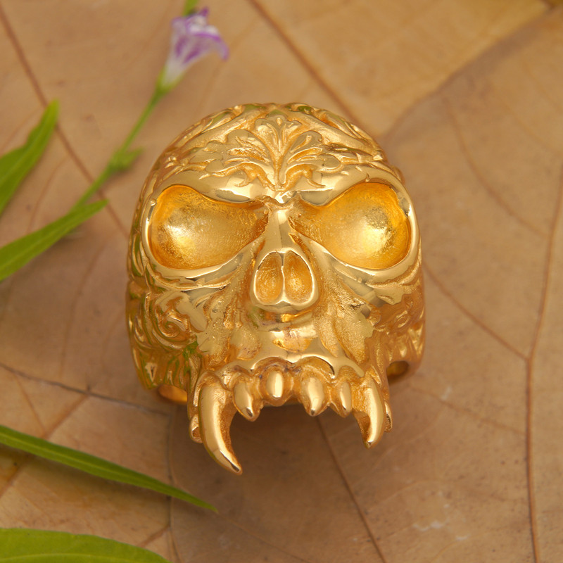 Skull-Shaped 22k Gold-Plated Cocktail Ring from Bali, "Trunyan Emissary"