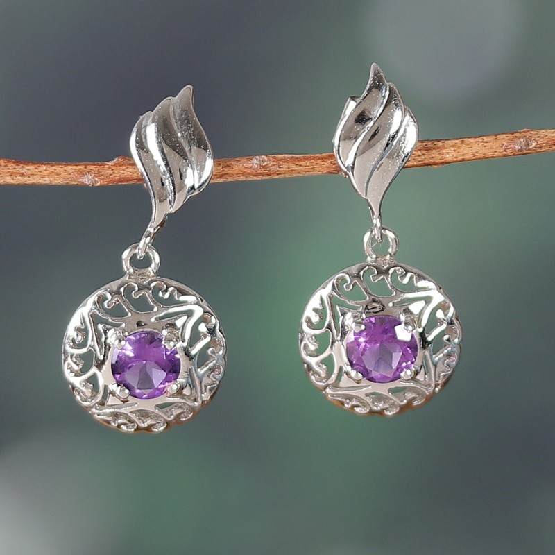 Rhodium-Plated Dangle Earrings with One-Carat Amethyst Gems, "Lilac Swirl"