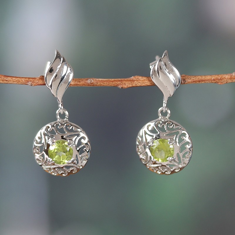 Rhodium-Plated Dangle Earrings with One-Carat Peridot Gems, "Green Swirl"