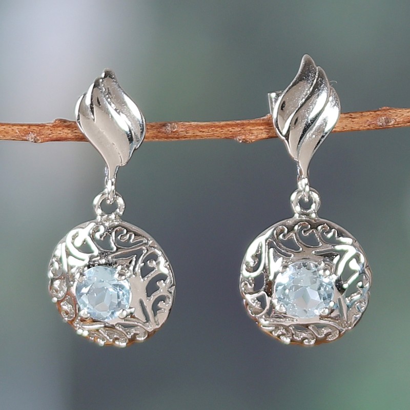 Rhodium-Plated Dangle Earrings with 1-Carat Blue Topaz Gems, "Celestial Swirl"