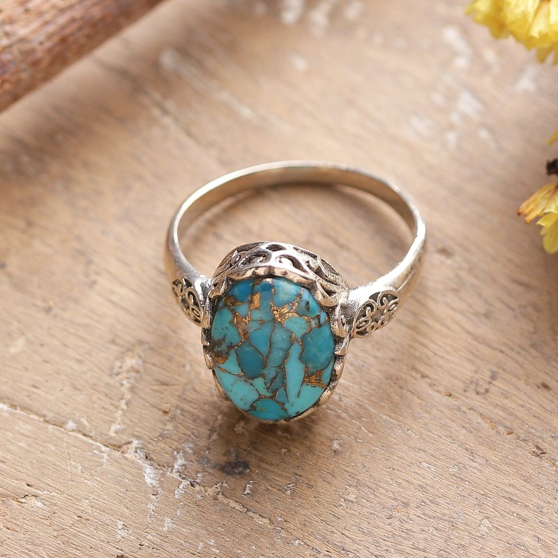 Polished Floral Oval Composite Turquoise Cocktail Ring, "Palatial Beauty"