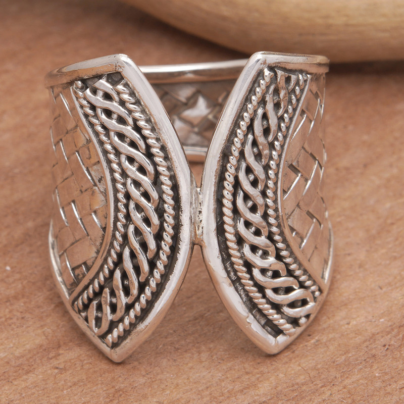Sterling Silver Band Ring with Textured & Polished Finishes, "Woven Textures"