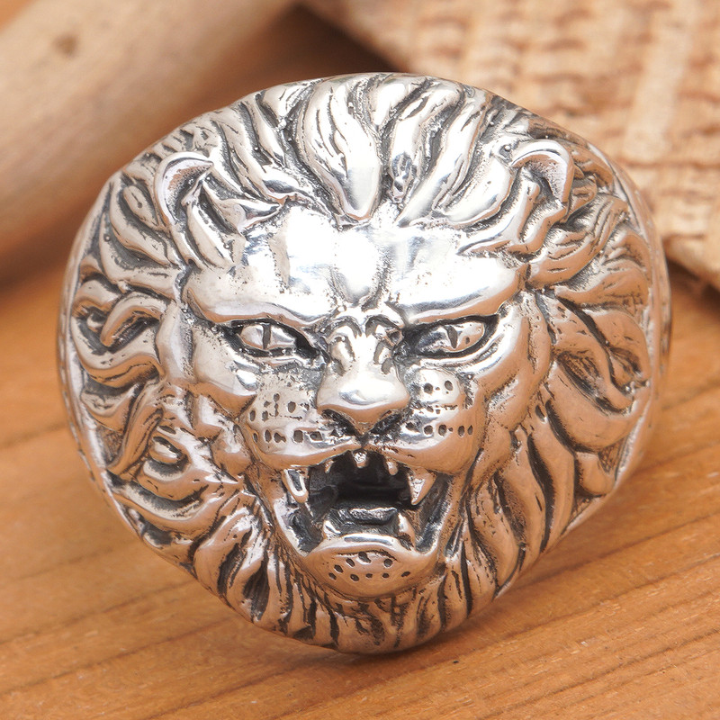 Sterling Silver Cocktail Ring with Embossed Lion Detail, "Wild God"