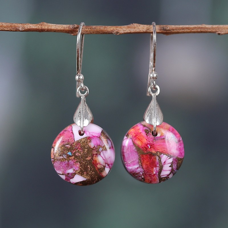 Pink and Red Round Composite Turquoise Dangle Earrings, "Moon of Sweetness"