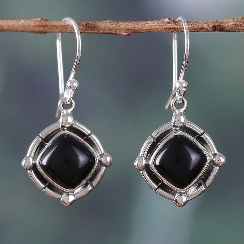 Polished Diamond-Shaped Onyx Cabochon Dangle Earrings, "Nocturnal Affair"