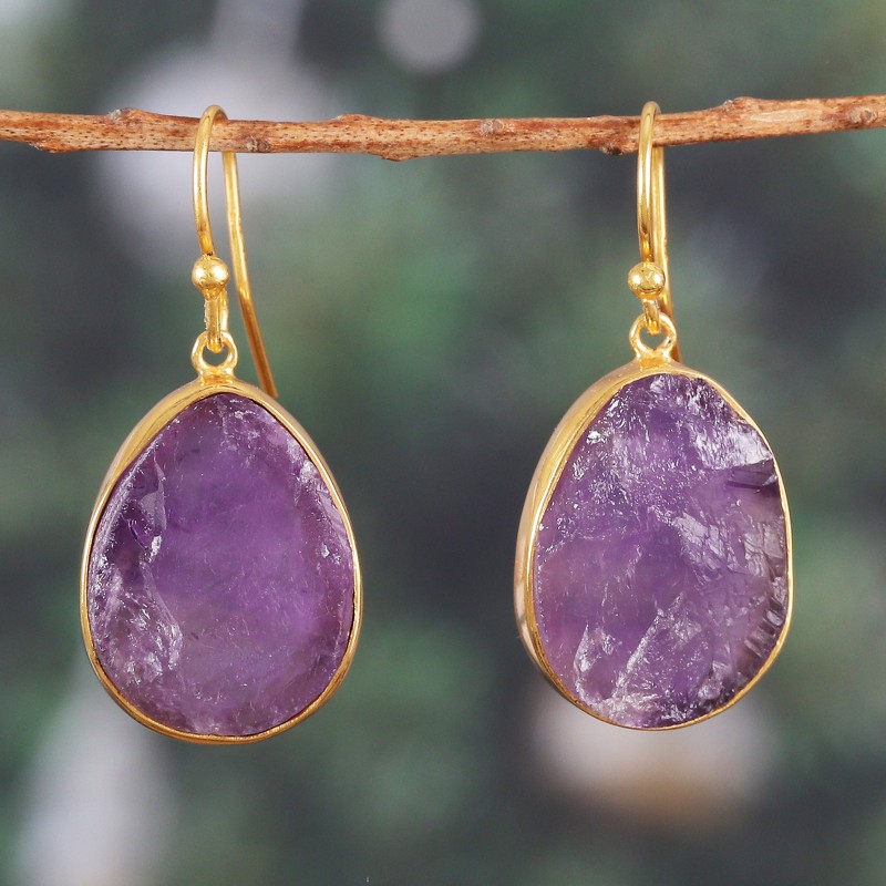 18k Gold-Plated Freeform Amethyst Dangle Earrings from India, "Twilight Rainfall"