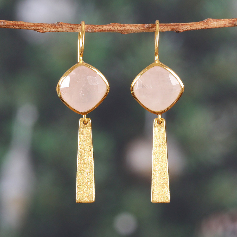 18k Gold-Plated 12-Carat Natural Rose Quartz Dangle Earrings, "Monument of Kindness"