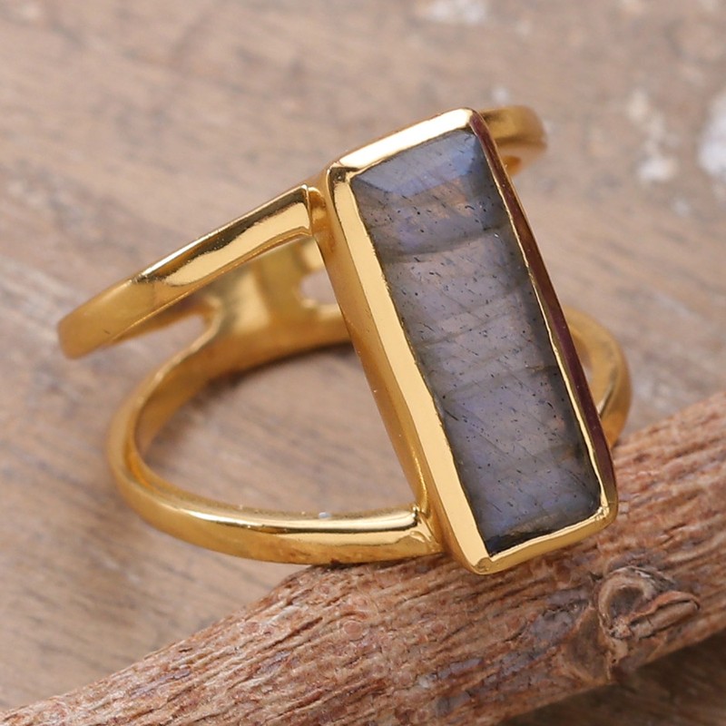 Modern 18k Gold-Plated Two-Carat Labradorite Cocktail Ring, "Golden Enigma"