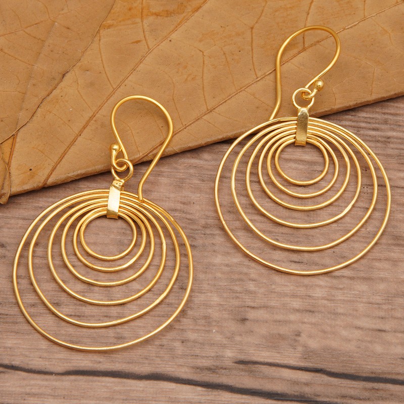 Abstract Round 18k Gold-Plated Brass Dangle Earrings, "Triumphant Orbits"
