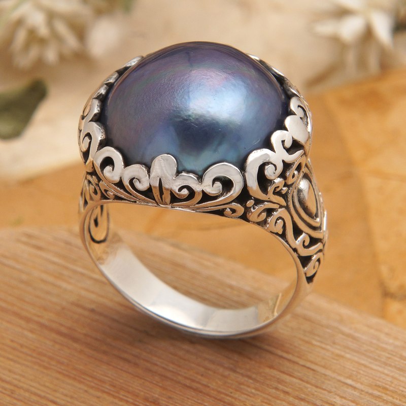 Sterling Silver Domed Ring with Blue Cultured Mabe Pearl, "Palatial Splendor"