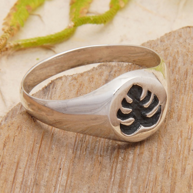 Leaf-Themed Polished Sterling Silver Domed Ring from Bali, "Monstera Sign"
