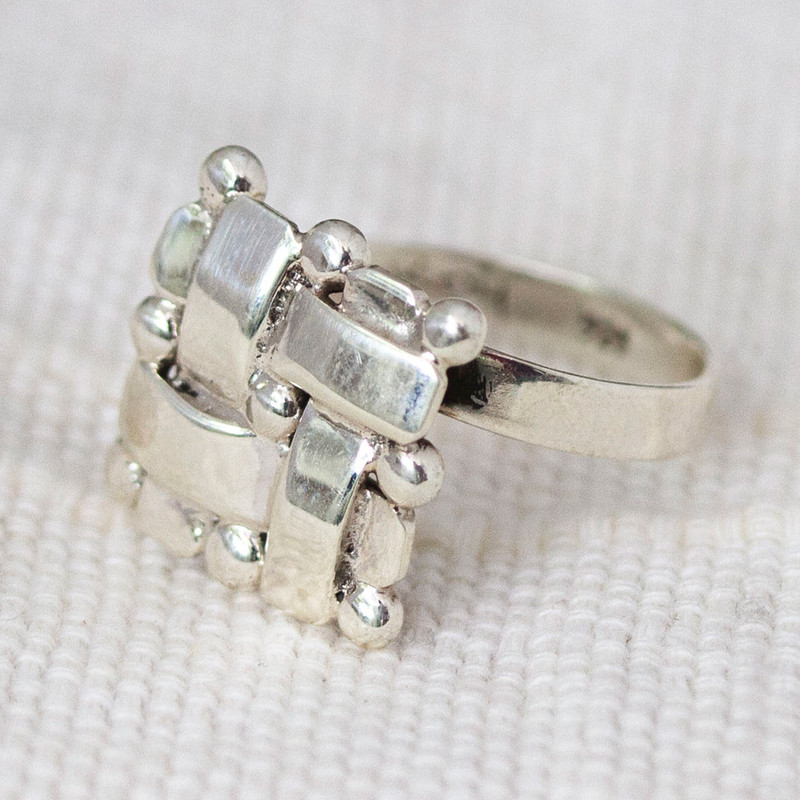 Polished Adjustable Taxco Sterling Silver Cocktail Ring, "Braided Gala"