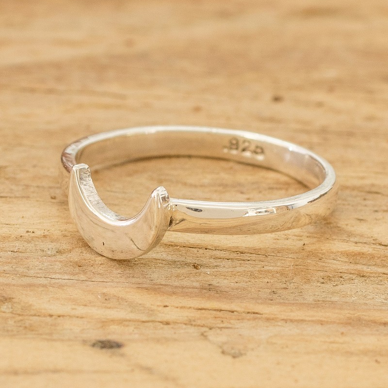 High-Polished Moon-Themed Sterling Silver Band Ring, "Dazzling Night"