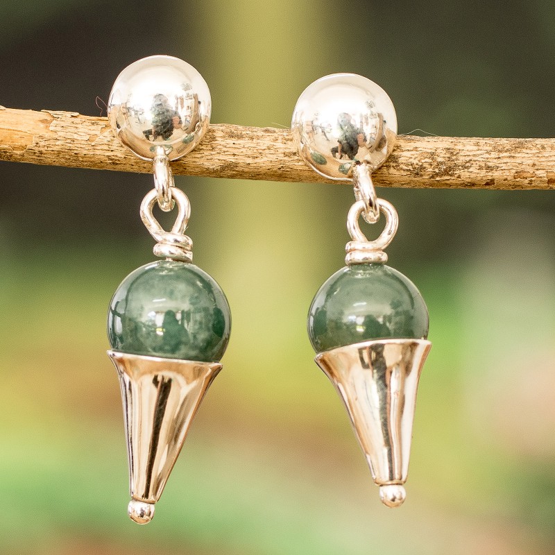 Modern Cone-Shaped Natural Dark Green Jade Dangle Earrings, "Silhouettes of Harmony"