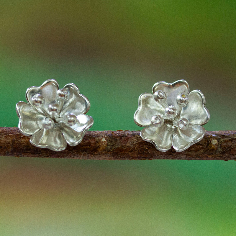 Matte and Polished 925 Silver Peach Blossom Button Earrings, "Peach Blossom Beauty"