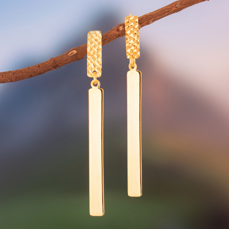 Modern Gold-Plated Dangle Earrings with Textured Finish, "Splendidly Stylized"