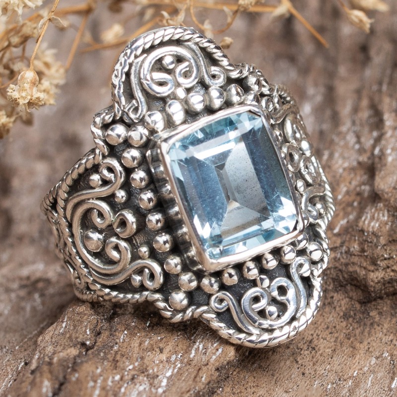 Sterling Silver Cocktail Ring with 3 Carat Blue Topaz Stone, "Precious Gem"