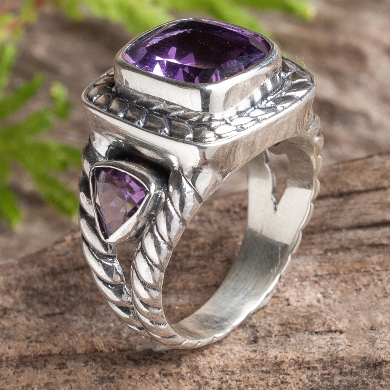Sterling Silver Cocktail Ring with 3 Amethyst Stones, "Fantastic Purple"