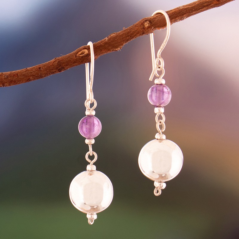 High-Polished Sterling Silver and Amethyst Dangle Earrings, "Wise Moonlight"