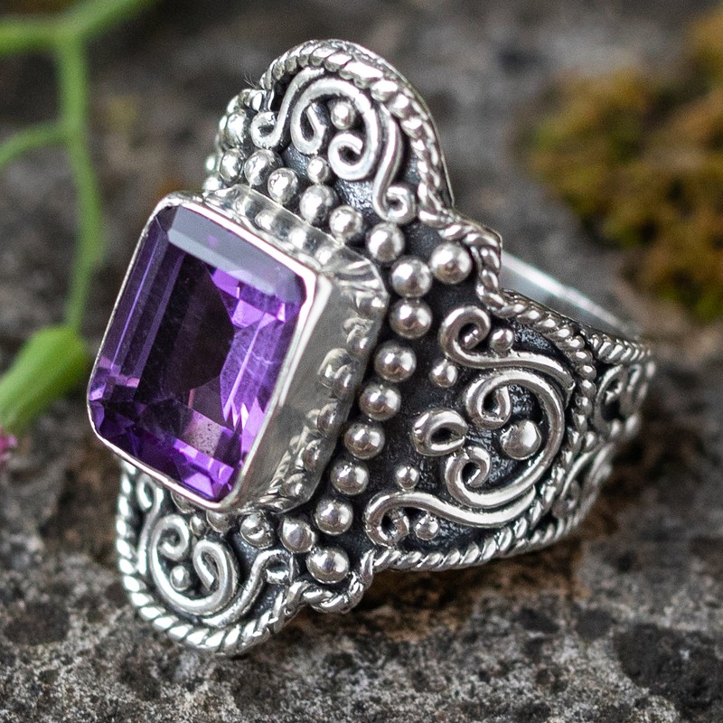 Sterling Silver Cocktail Ring with 1 Carat Amethyst Stone, "Wise Gem"