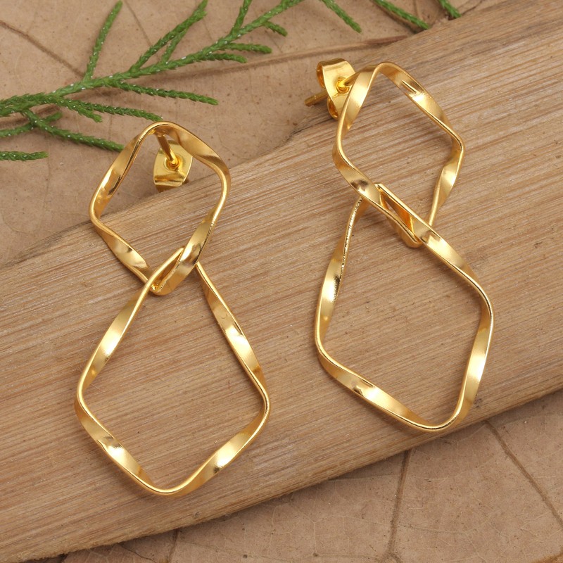 Polished Modern 18k Gold-Plated Dangle Earrings from Bali, "Twists of Triumph"