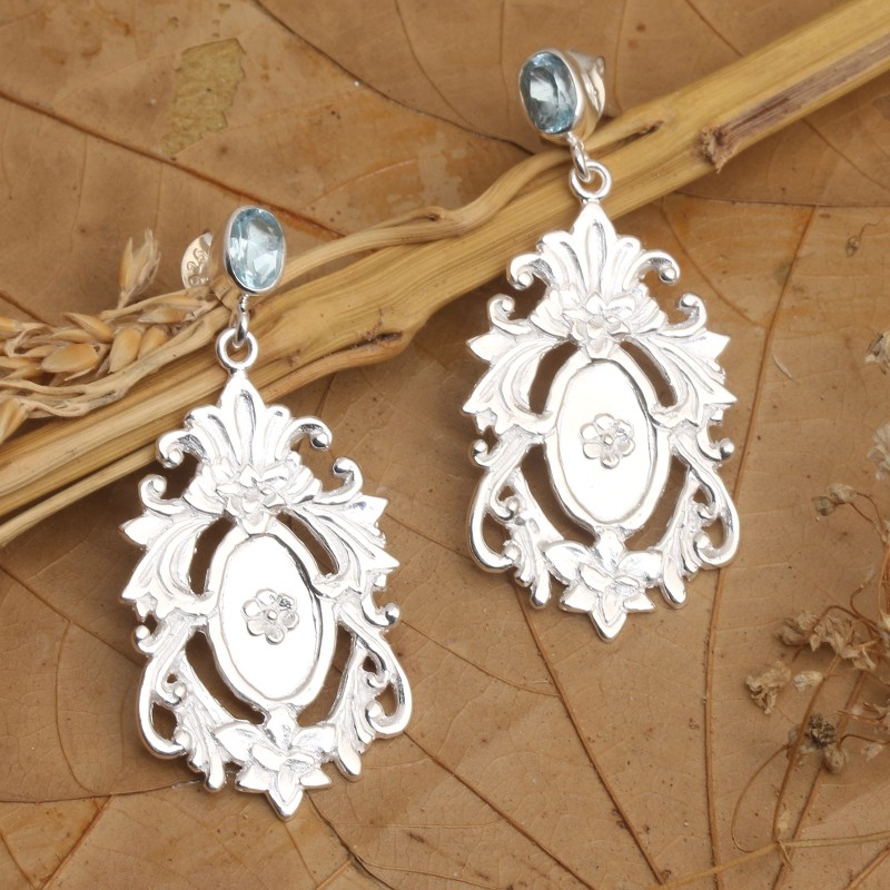 Antique Style 925 Silver Blue Topaz Floral Dangle Earrings, "Antique Inspiration"
