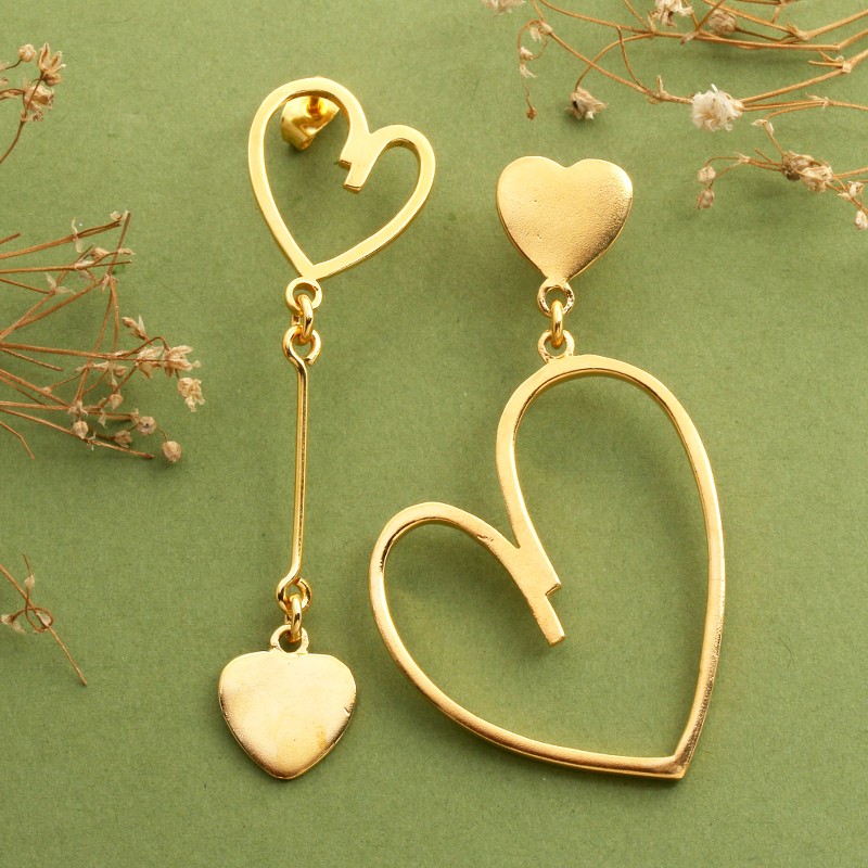 Polished 18k Gold-Plated Heart-Themed Dangle Earrings, "Golden Heartbeat"