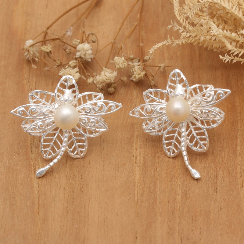 Leafy and Dragonfly-Themed Cultured Pearl Button Earrings, "Celestial Dragonfly"