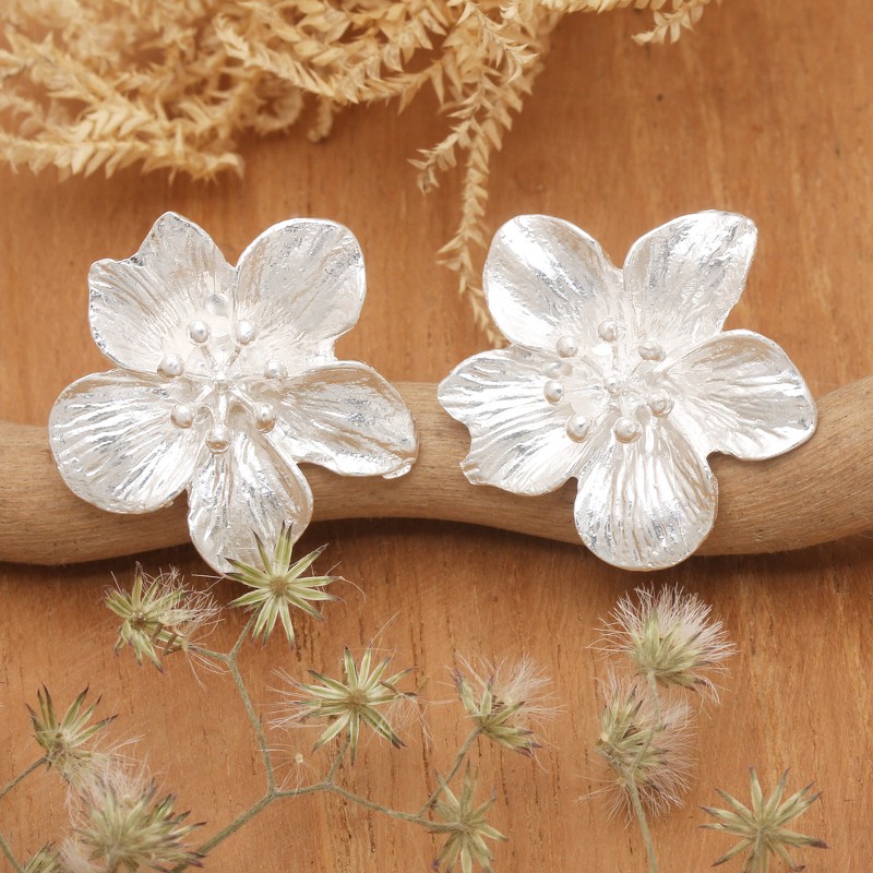 Matte Hibiscus Flower Sterling Silver Button Earrings, "Winter Hibiscus"