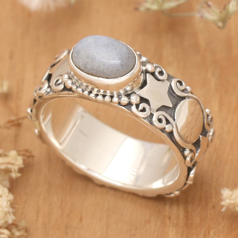 Star-Themed Natural Rainbow Moonstone Cocktail Ring, "Moon and Constellation"