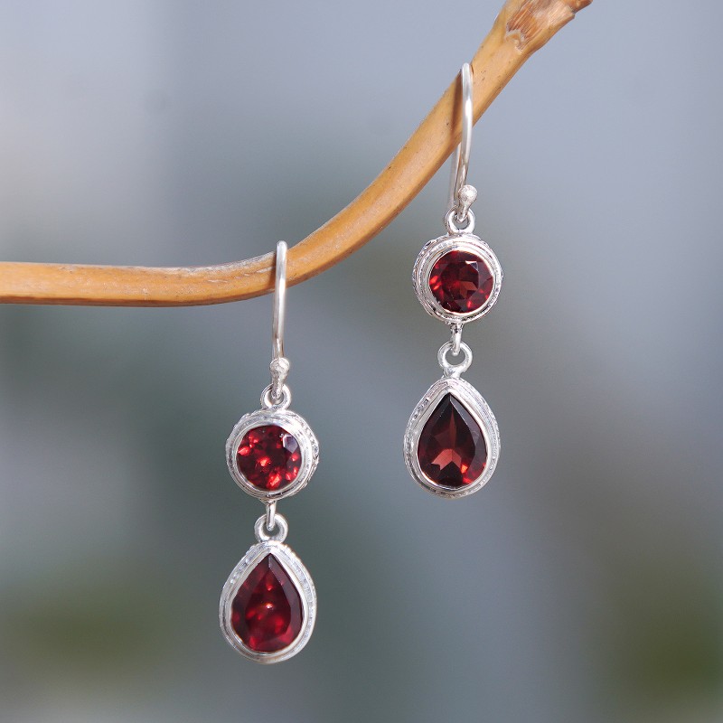 925 Silver Dangle Earrings with Round and Pear Garnet Stones, "Splendid Red"
