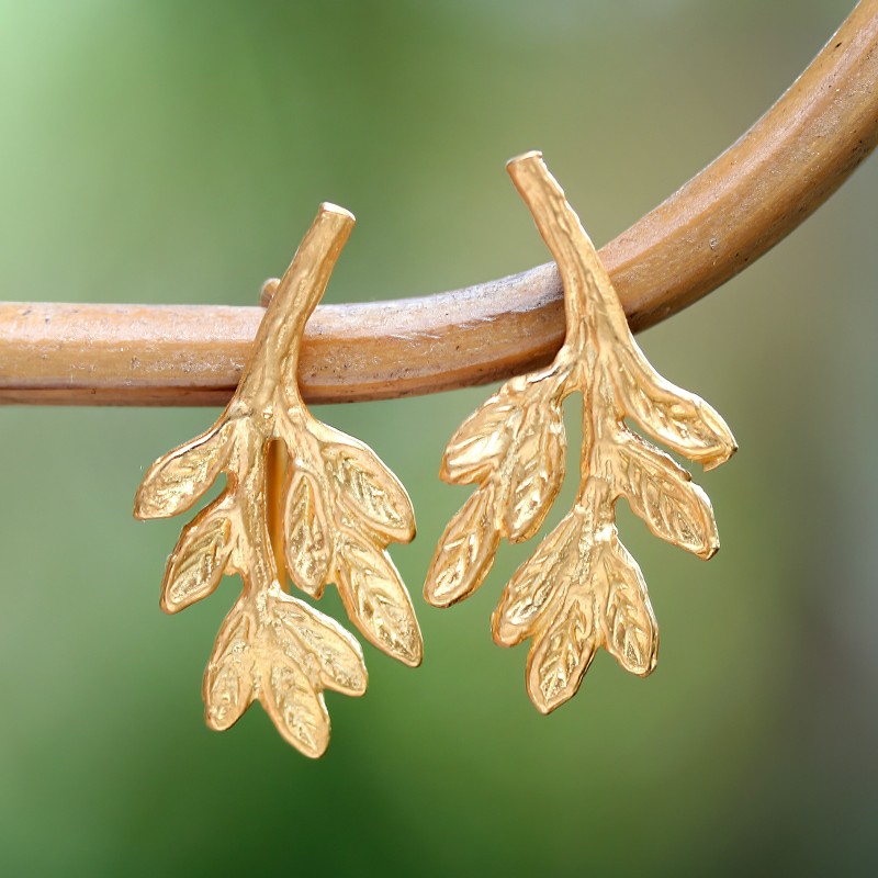 22k Gold-Plated Leaf-Shaped Button Earrings from Bali, "Triumphant Foliage"