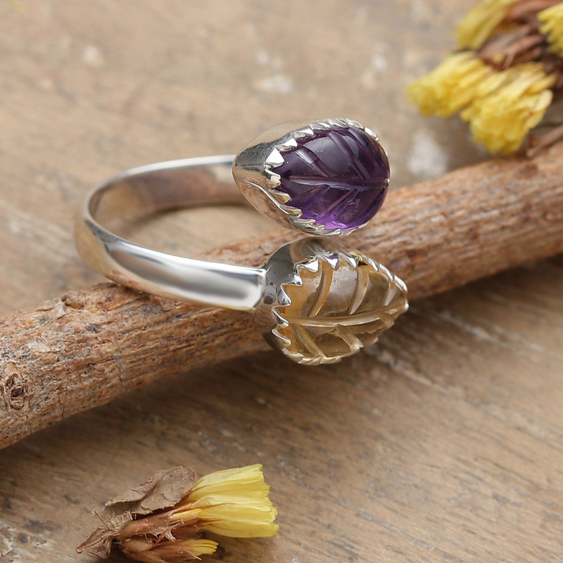 Modern Citrine and Amethyst Sterling Silver Wrap Ring, "Leafy Union"