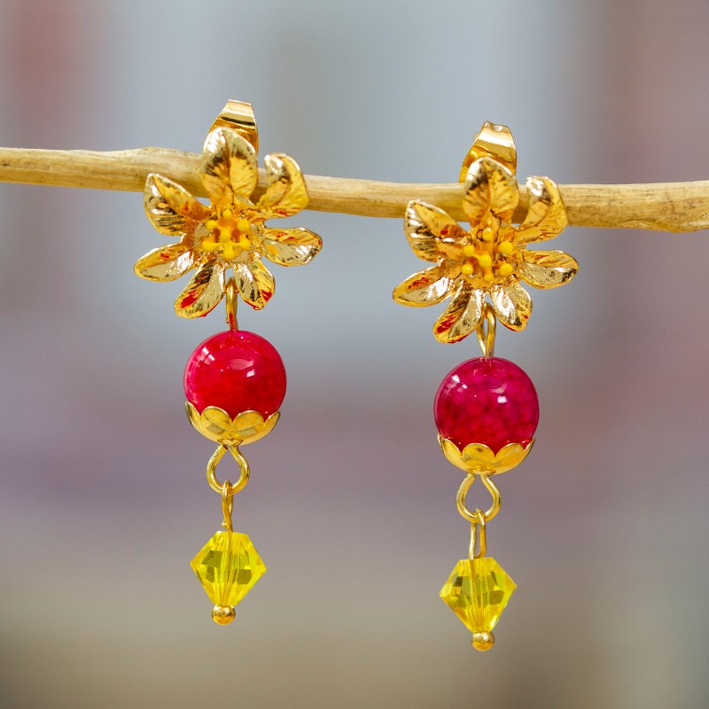 14k Gold-Plated Agate and Swarovski Crystal Dangle Earrings, "Prime Passion"