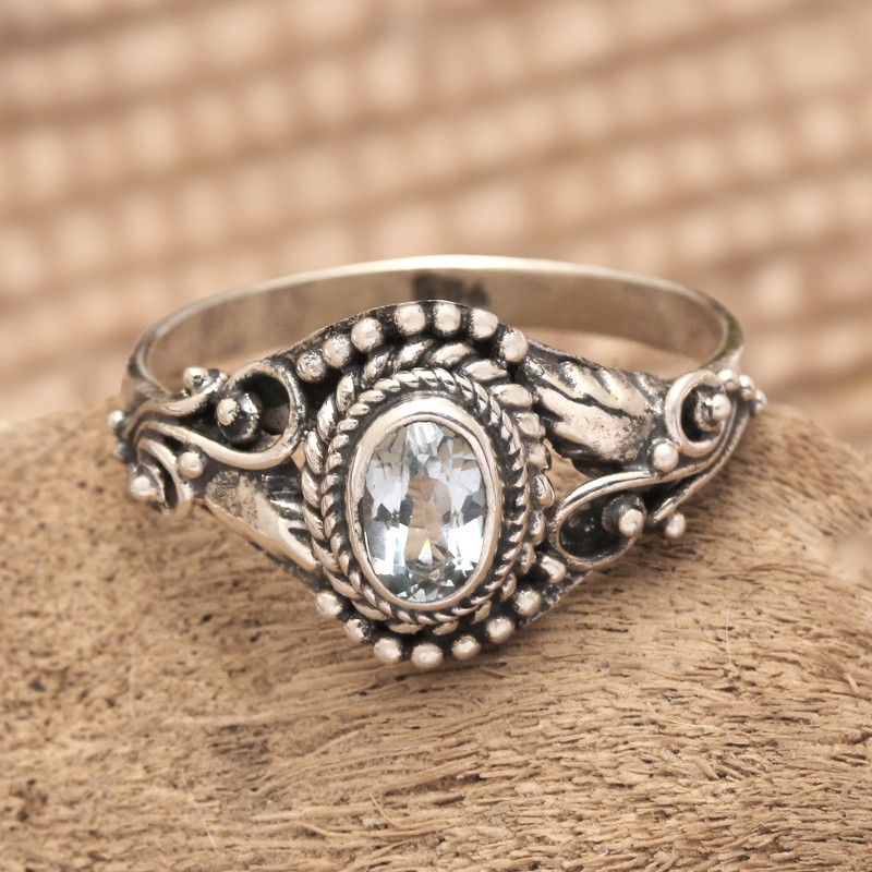 Polished Classic Faceted Blue Topaz Cocktail Ring from Bali, "Winter Crown"