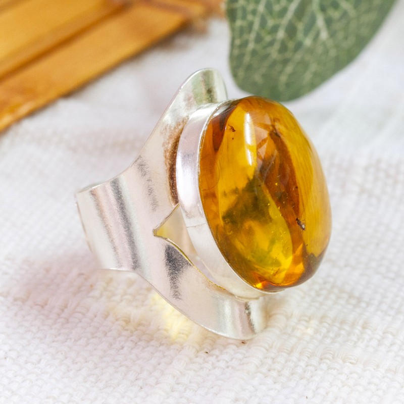 Sterling Silver Adjustable Cocktail Ring with Round Amber, "Shimmering Glam"