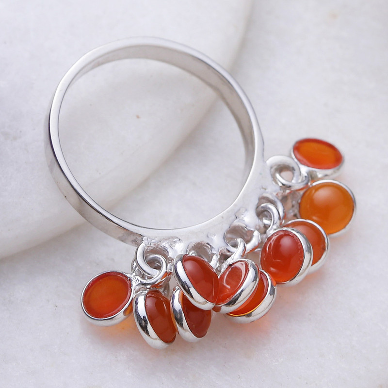 Sterling Silver Cluster Ring with Ten Natural Carnelian Gems, "Fire Style"