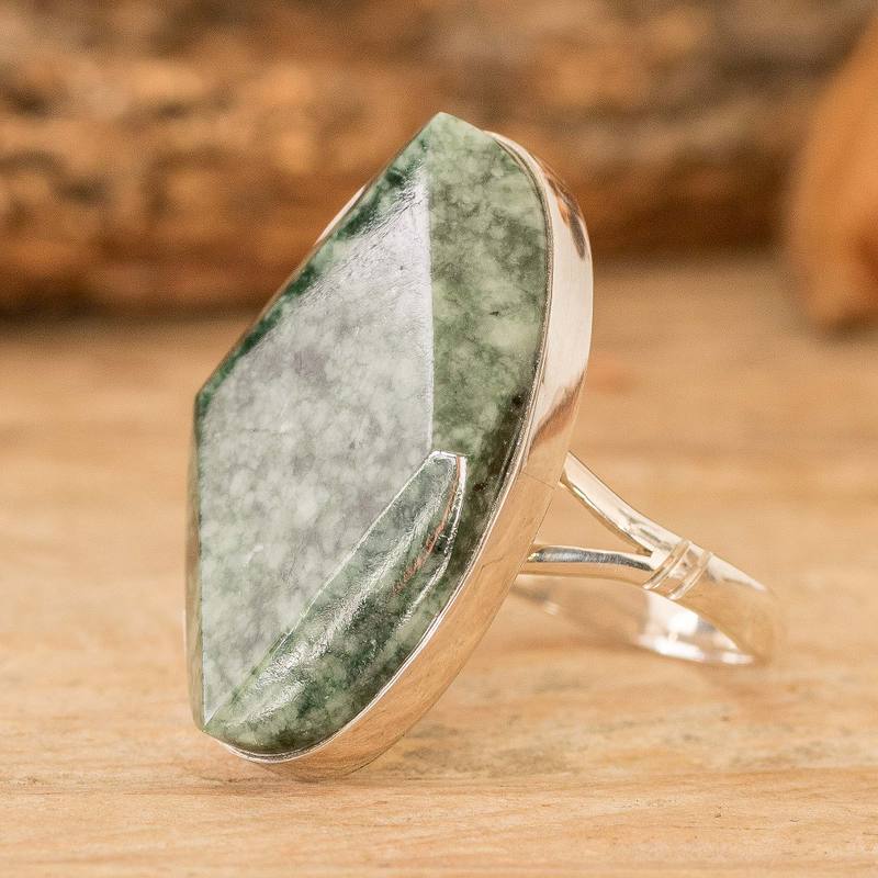 Polished Geometric Green Jade Cocktail Ring from Guatemala, "Vital Shimmering"