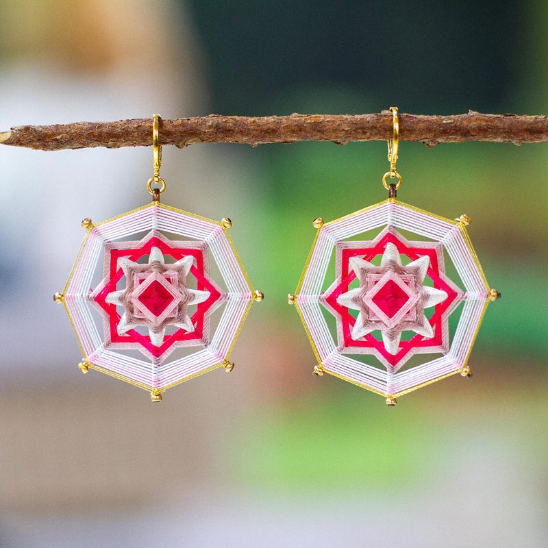 18k Gold-Plated Handwoven Red and Grey Dangle Earrings, "Chic Invocations"