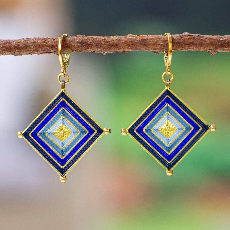 18k Gold-Plated Diamond-Shaped Woven Blue Dangle Earrings, "Blue Jewels"