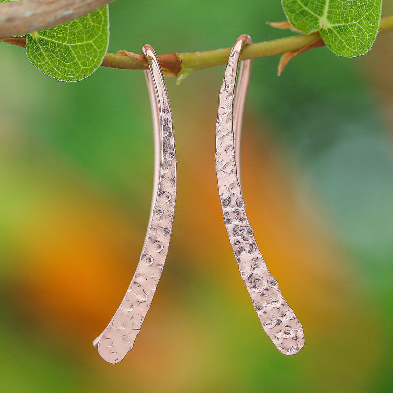 Modern 18k Rose Gold-Plated Drop Earrings from Thailand, "Pink Hammered Line"
