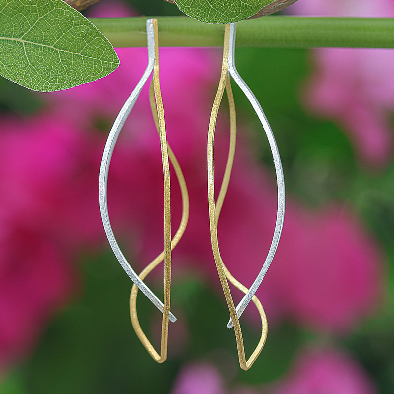 Leafy 18k Gold-Accented Sterling Silver Drop Earrings, "Golden Wilderness"
