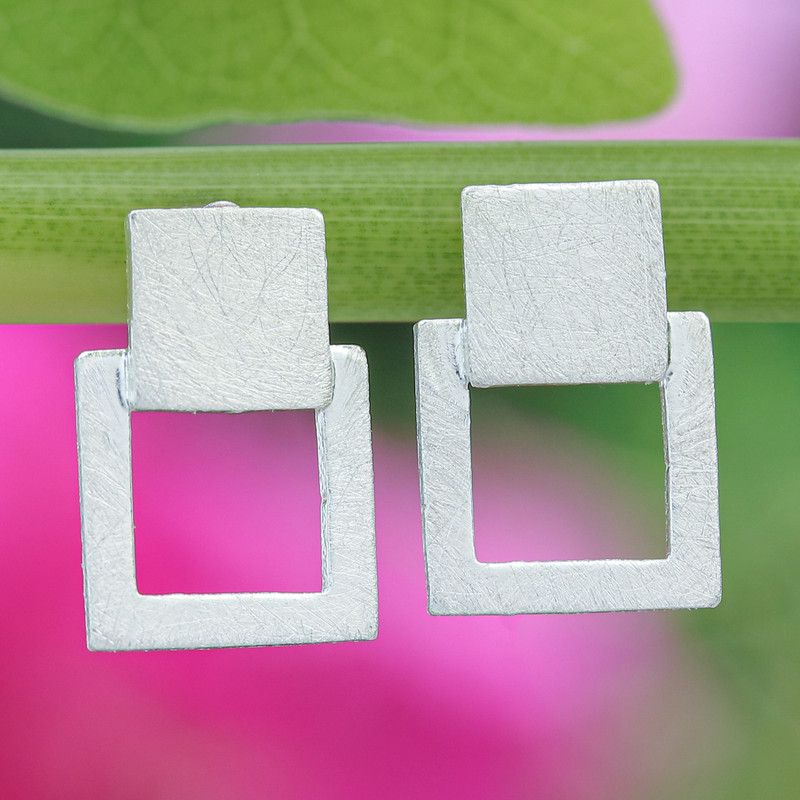 Modern Geometric Sterling Silver Drop Earrings from Thailand, "Ethereally Square"
