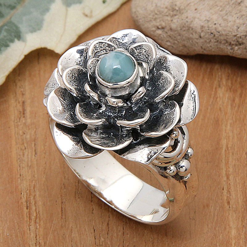 Larimar Sterling Silver Floral-Themed Cocktail Ring, "Flower of Eternity"