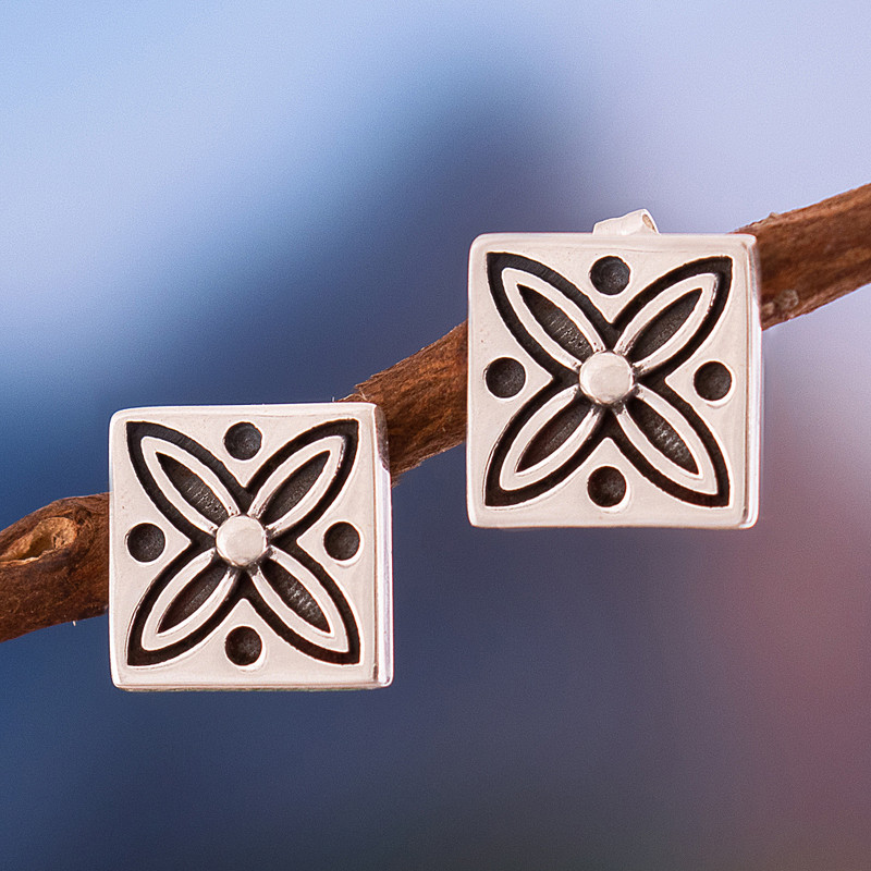 Majolica Tile-Themed Sterling Silver Floral Stud Earrings, "Viceregal Splendor"